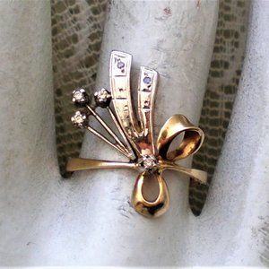 Vintage Soviet USSR Solid 14K 585 Yellow White Gold Natural Diamond Cluster Ring